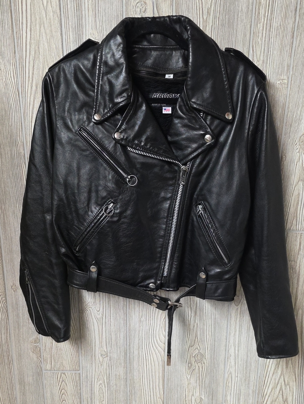 Brooks Black Leather Motorcycle Jacket Harley Davidson Patch Back Men 38 Vintage
